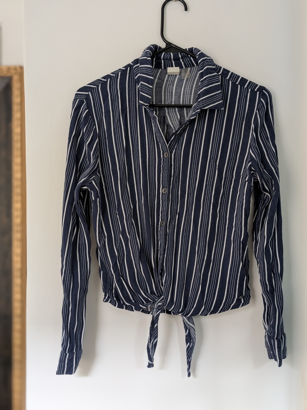ROXY XS Blue & White Striped Tie-Front Button Down Blouse | Y2K Boho French Chic